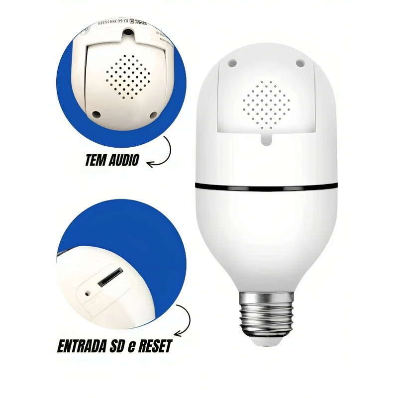 Câmera IP Wi-Fi 360° Tipo Lâmpada – Full HD, Visão Noturna, Áudio Bidirecional, Seguidora de Movimento