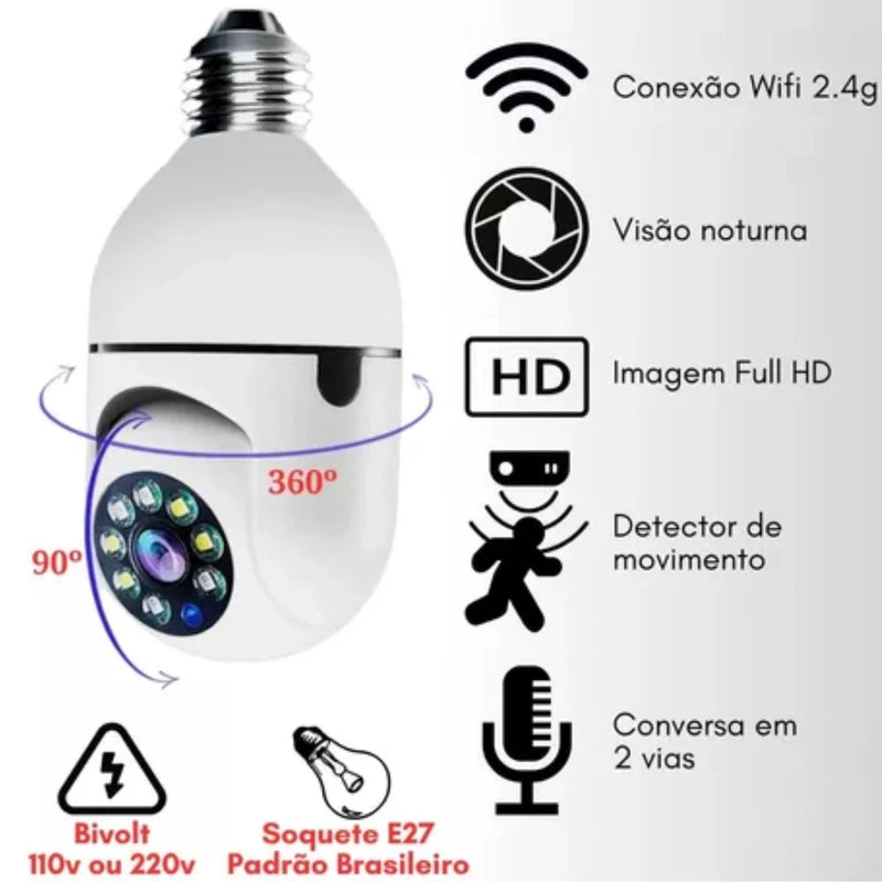 Câmera IP Wi-Fi 360° Tipo Lâmpada – Full HD, Visão Noturna, Áudio Bidirecional, Seguidora de Movimento